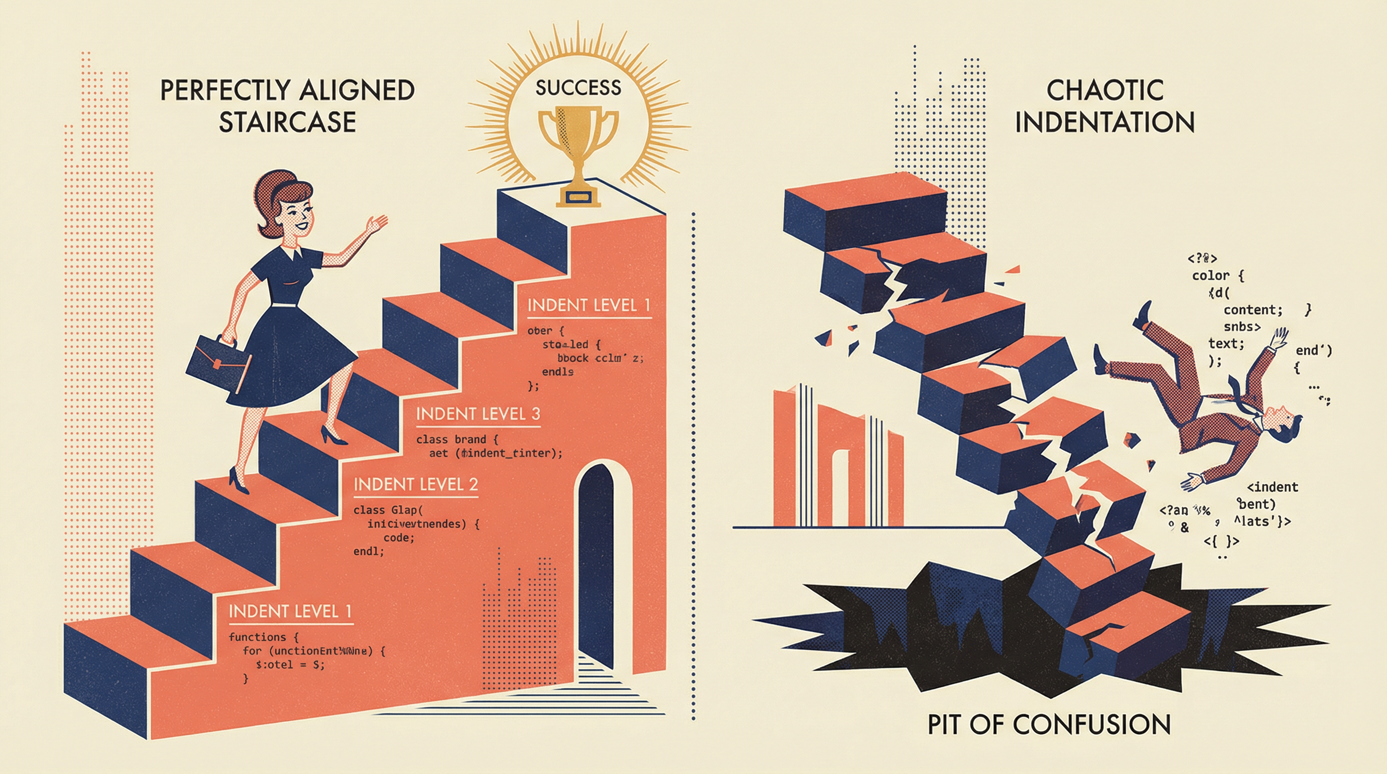 Illustration comparing proper indentation as a staircase to success vs chaotic indentation