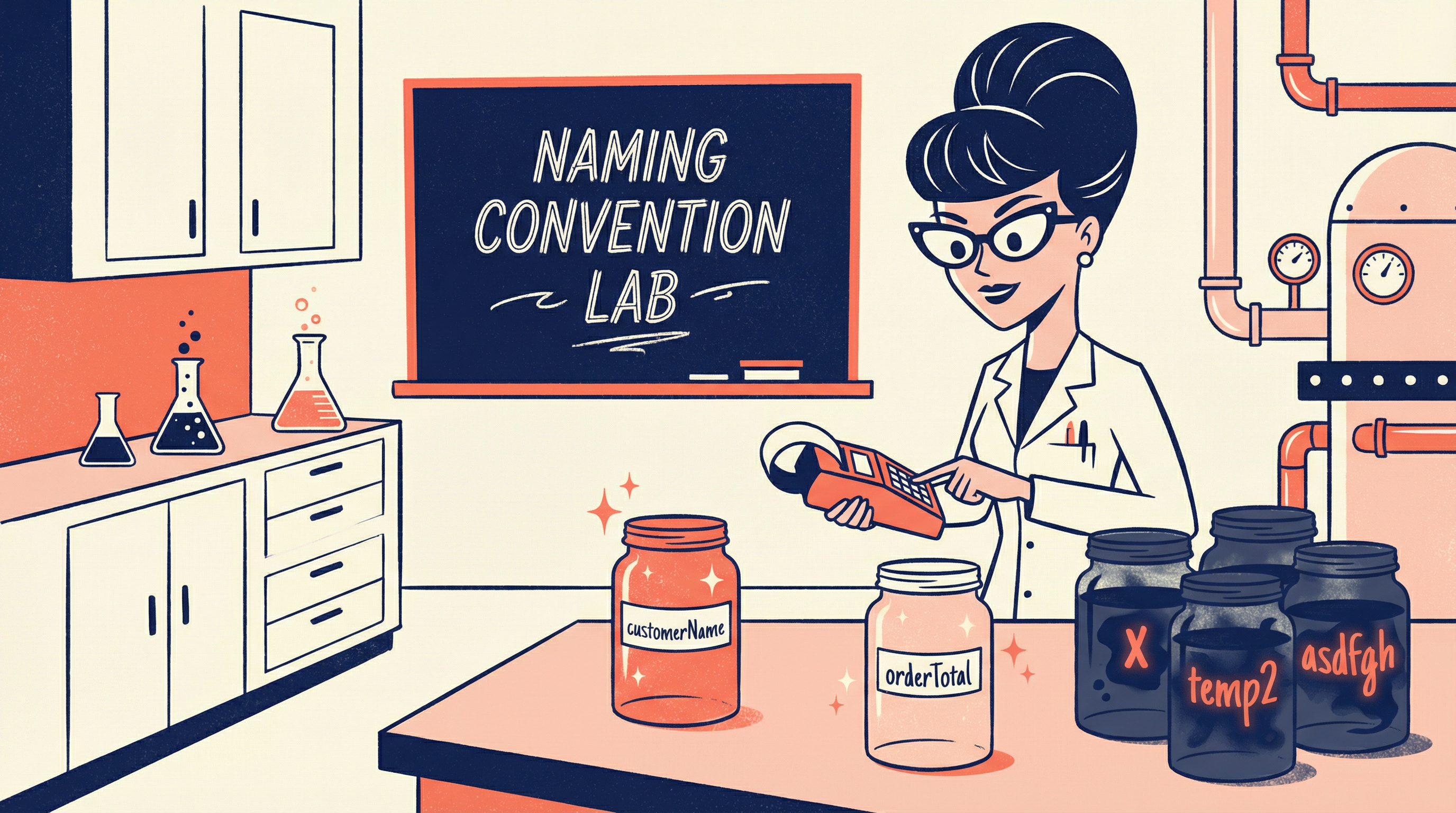 Illustration of a naming convention museum with exhibits showing good vs bad variable names