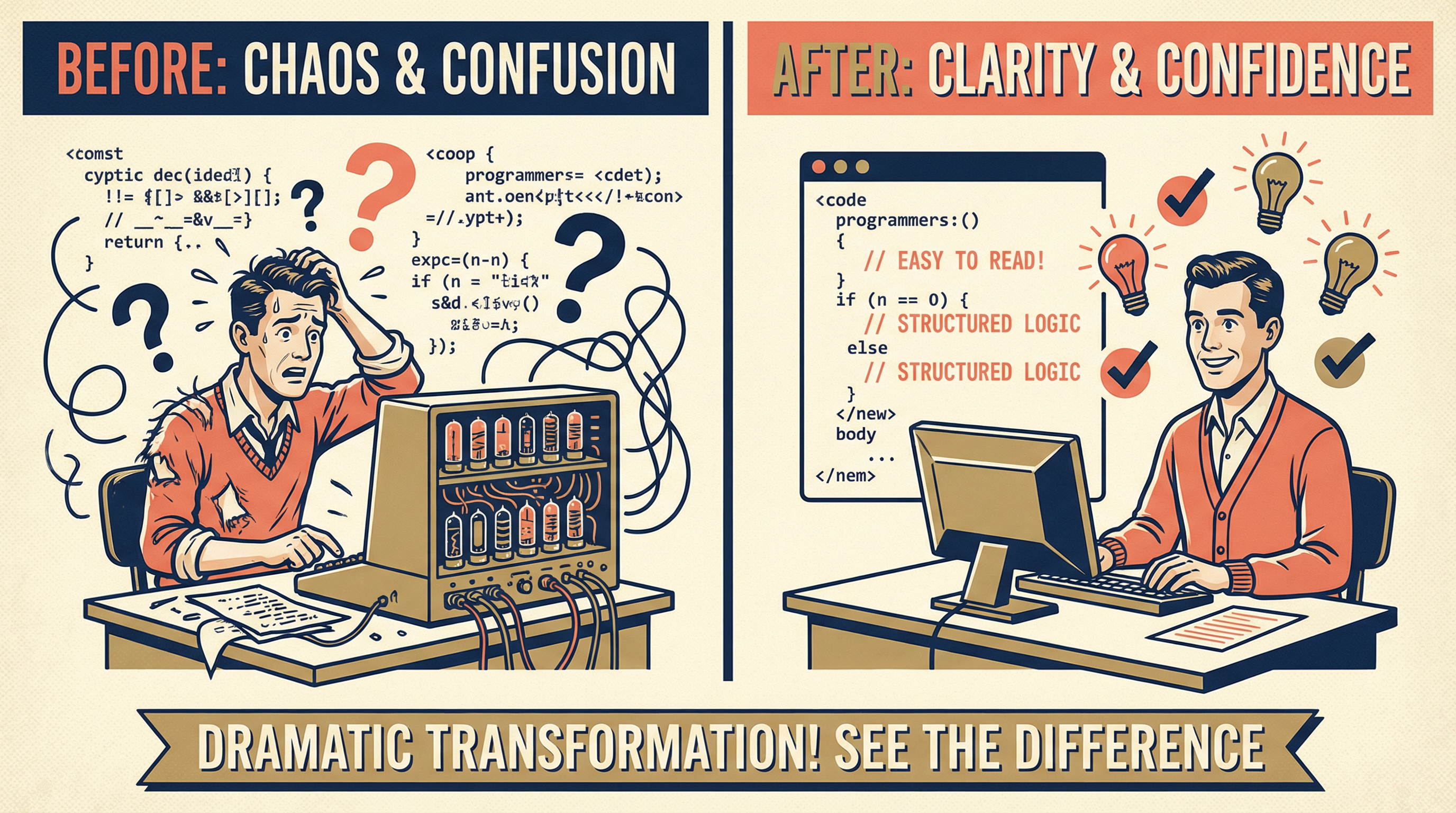 Before and after illustration showing code transformation from amateur to professional with XML documentation - left side shows messy undocumented code, right side shows pristine documented API