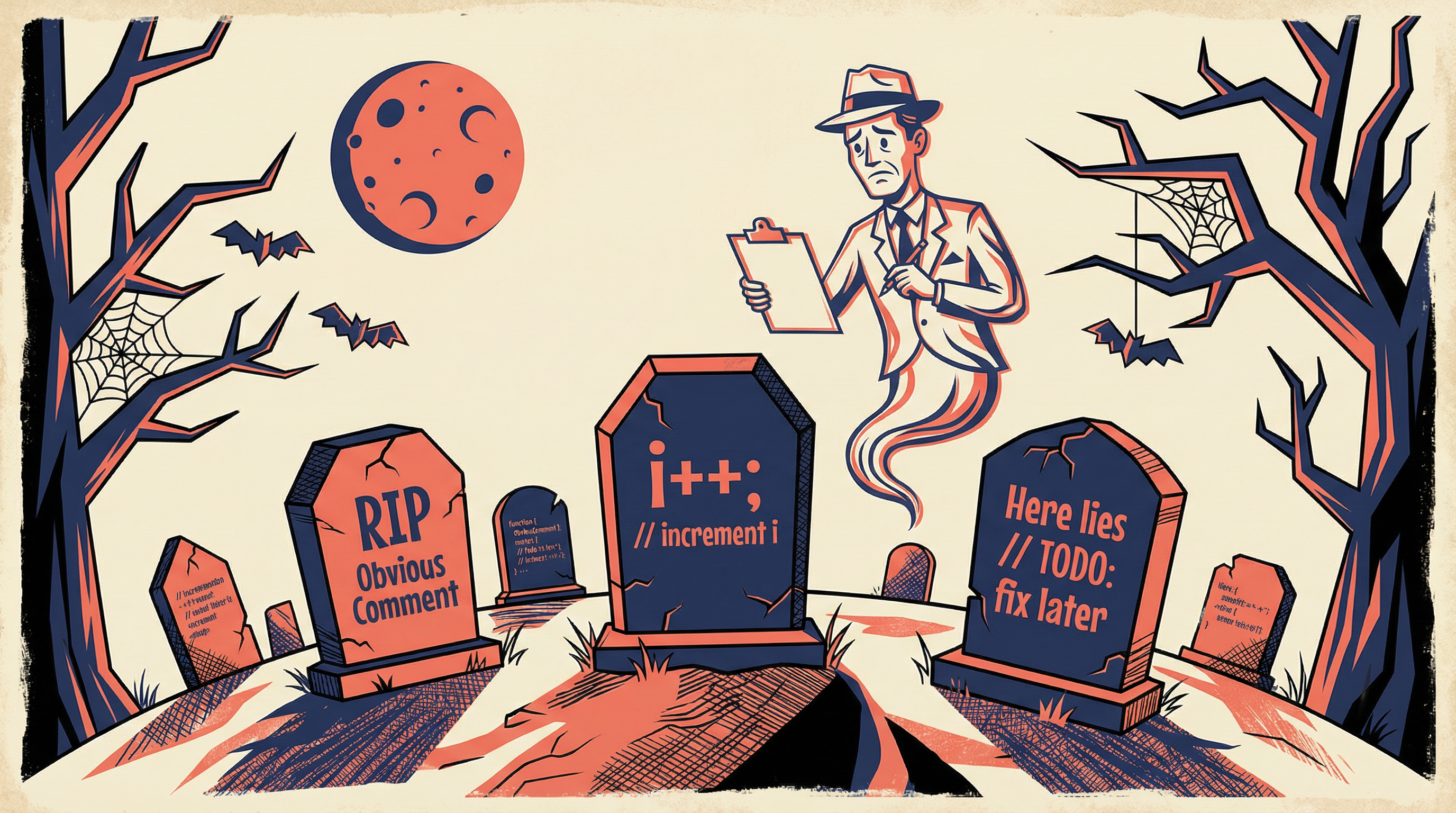 Illustration of a code graveyard where uncommented code goes to die - tombstones with cryptic variable names and developers mourning lost knowledge