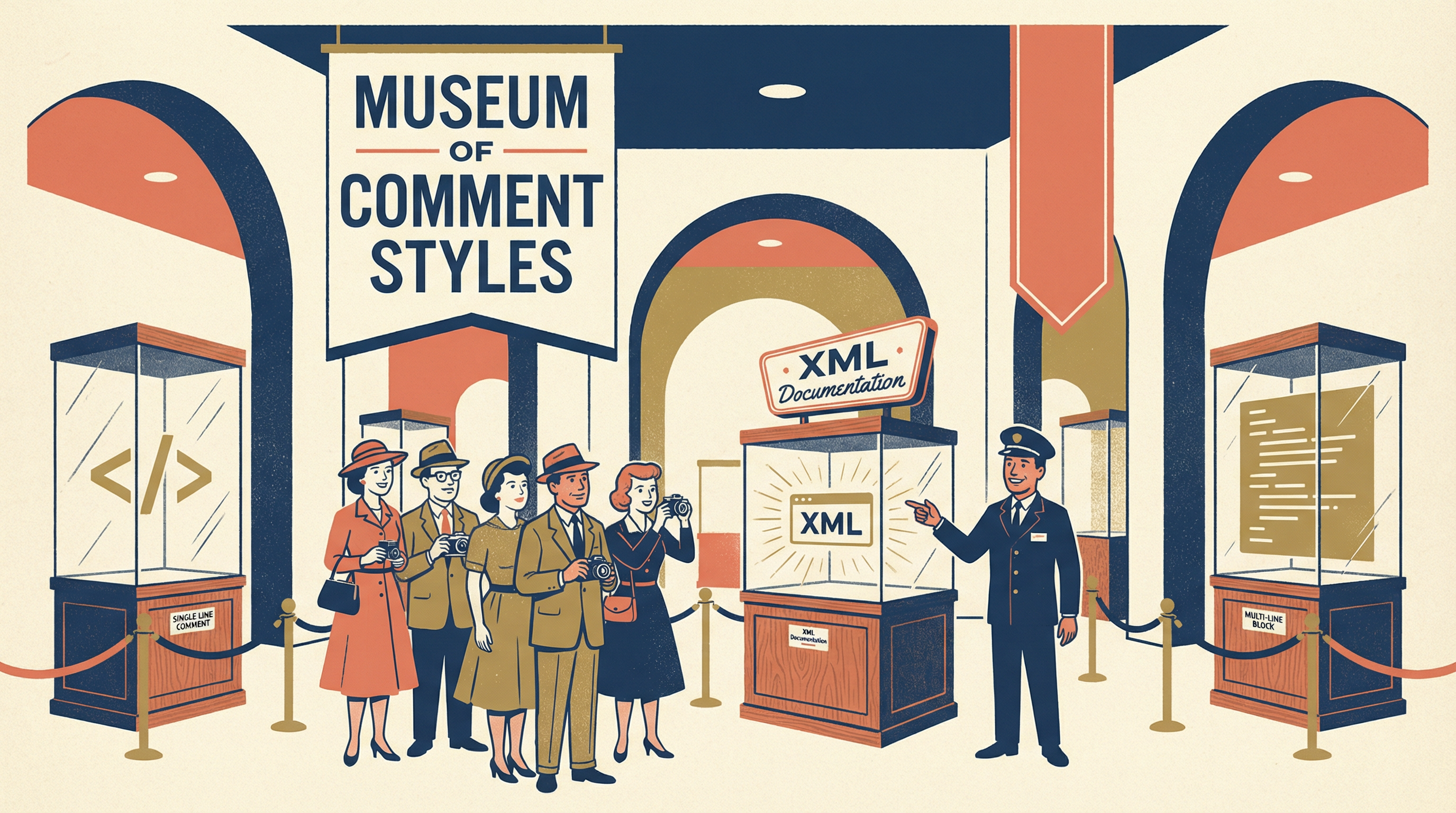 Illustration of a museum of commenting styles - exhibits showing 'The Over-Commenter' with walls of text, 'The Silent Type' with blank spaces, and 'The Goldilocks Zone' with just-right comments