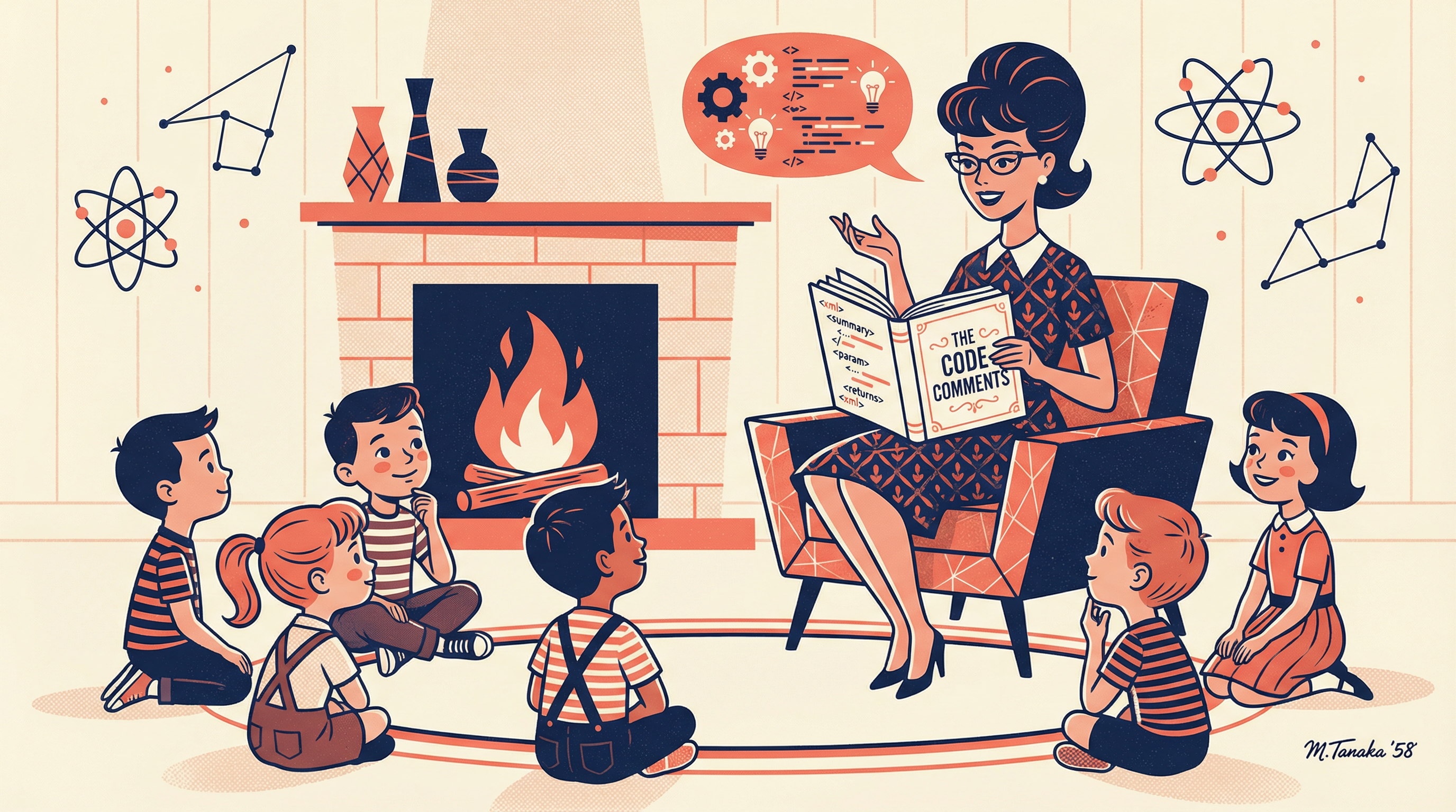 Illustration of a 1950s storyteller at a campfire, with three types of stories represented: Documentary (a passport), Functional (a blueprint), and Clarifying (a lightbulb)