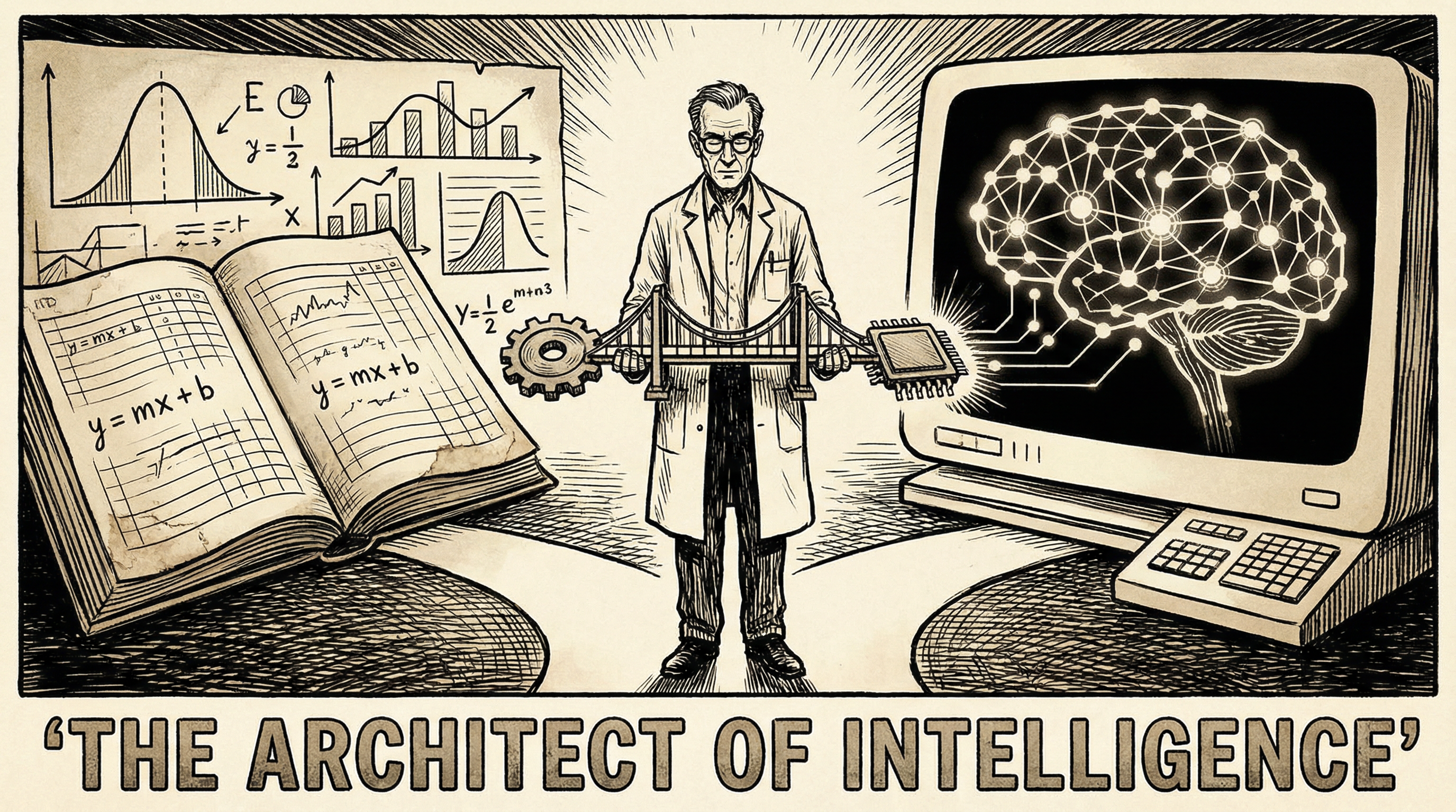 The Architect of Intelligence - A vintage illustration showing a scientist building bridges between data and AI