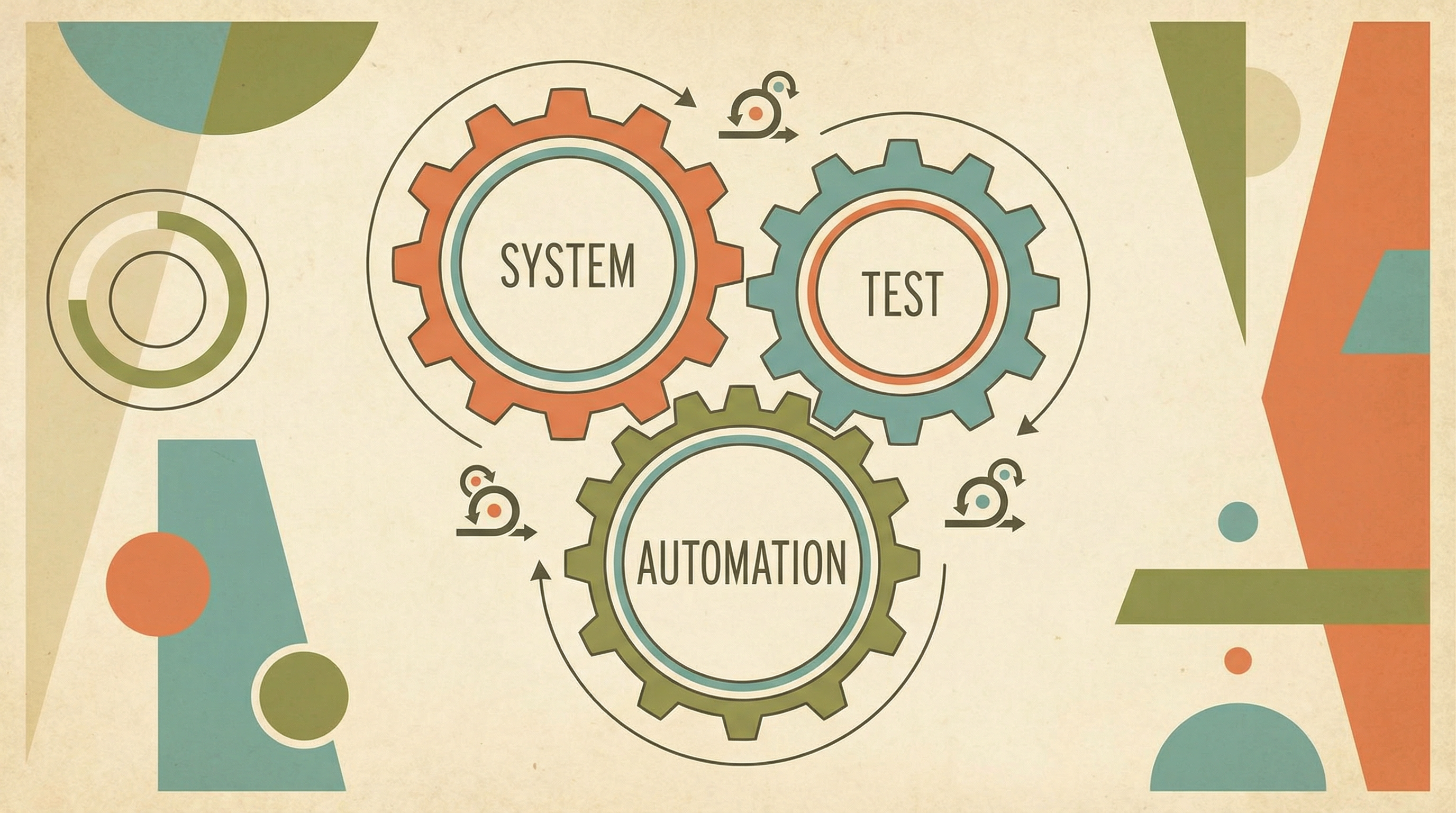 Three interlocking gears representing System, Test, and Automation life-cycles