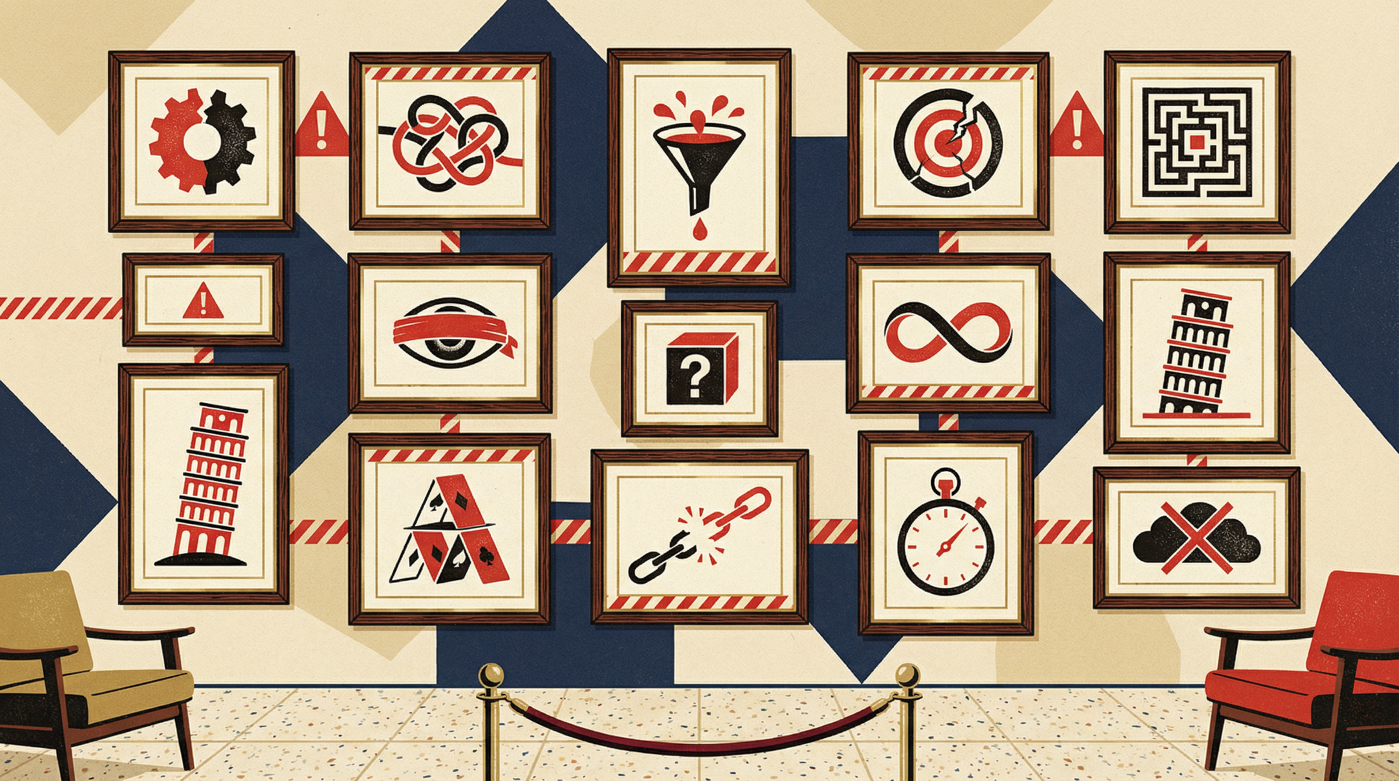 Museum gallery displaying framed anti-pattern warning signs