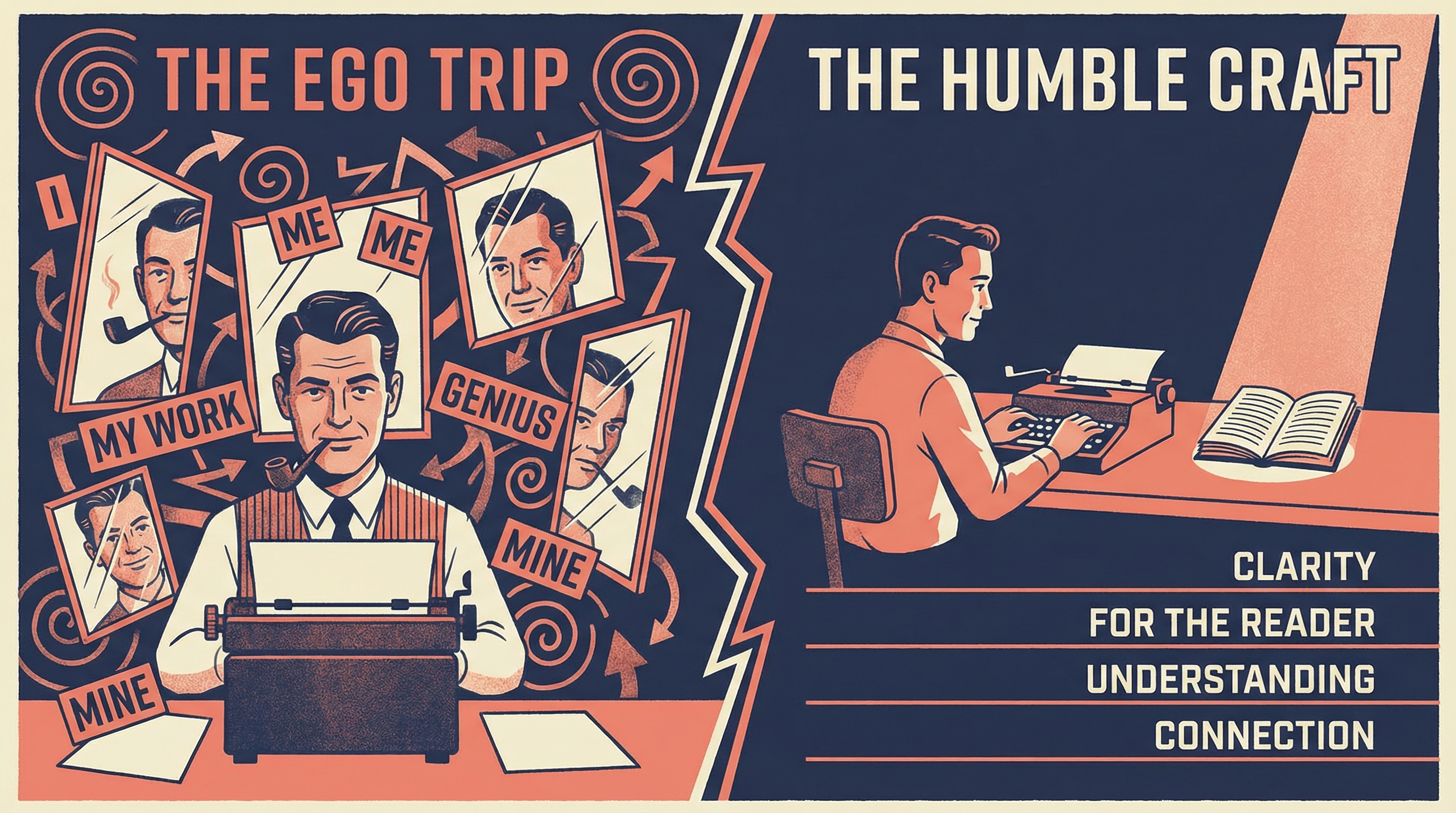 Illustration of a writer on an ego trip - a 1950s character dramatically pointing to themselves while readers look confused and annoyed, with 'I think' and 'In my opinion' speech bubbles