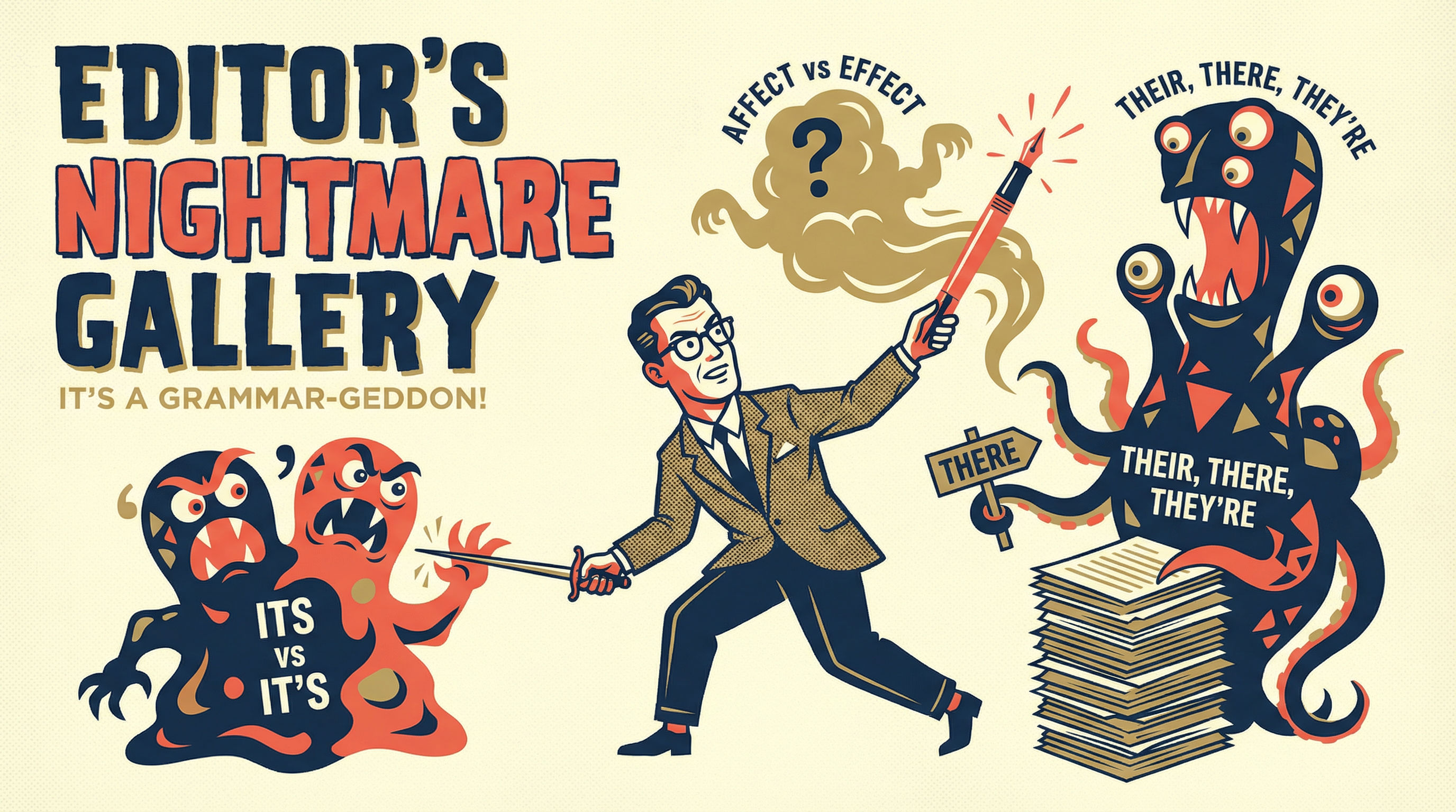 Illustration of a frustrated 1950s editor with red pen, surrounded by floating grammar mistakes like 'very unique' and 'more optimal' - each mistake has a dramatic red X through it